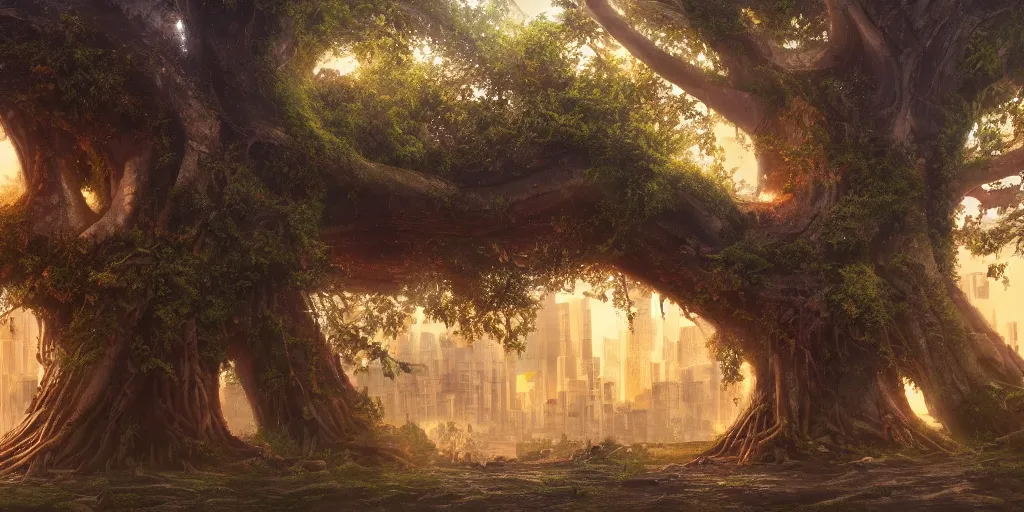 Image similar to A city built into a giant tree, cinematic lighting, detailed oil painting, hyperrealistic, 8k