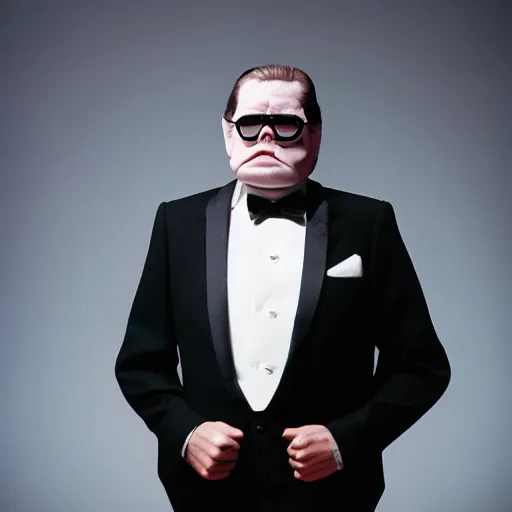 Image similar to highly detailed full body portrait of a space demon in a tuxedo, by gottfried helnwein, by richard estes, studio lighting, sigma 8 5 mm f / 1. 4