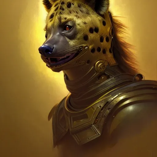 Image similar to photo of a humanoid hyena were a heroic armour an gold helmet in the forest, long hair, highly detailed, digital painting, artstation, smooth, sharp focus, illustration, art by artgerm and greg rutkowski and alphonse mucha