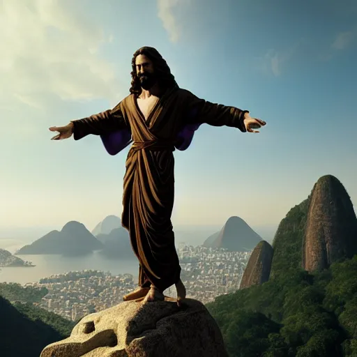 Prompt: an extremely detailed sculpture of a ridiculously good looking jesus that is posed like the buddy christ, long curly hair, elegant ancient greek dress, very detailed, standing on a mountain over rio de janeiro, beautiful, intricate, cinematic, artstation, william bouguereau, alphonse mucha, greg rutkowski, rossdraws, octane render