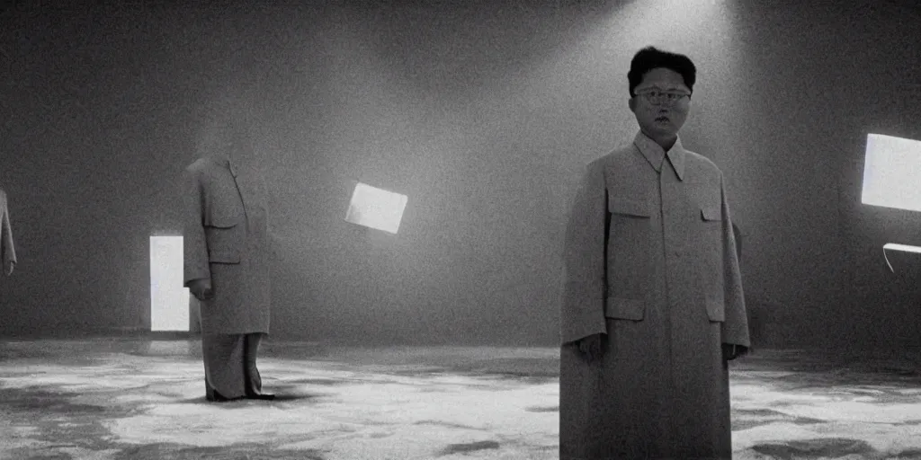 Prompt: light coming out of one starfish - like kaiju anthropomorphic monster, korean film noir, korean traditional palace, kim jong - il standing, pyongyang city, 1 9 6 0 s, red color bleed, 4 k, video compression, video glitch, monochrome, akira kurosawa, mamoru oshii, wes anderson, stanley kubrick