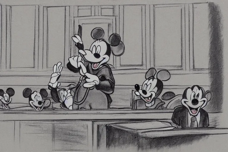 Image similar to detailed background courtroom sketch of vintage disney character mickey mouse presenting evidence of copyright infringement to the judge bench court room wooden serious dark tone