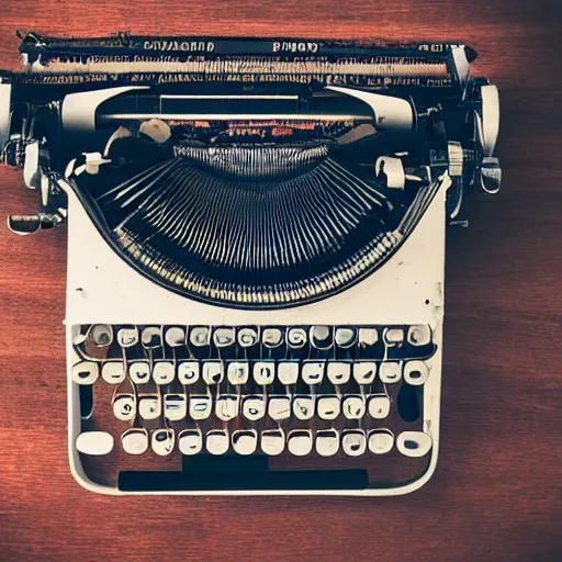 Prompt: an old detailed top - down photograph of an old typewriter on a table, paper, pen, warm night light, 8 k