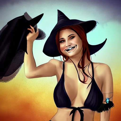 Image similar to witch in a bikini, digital art, smiling, flirting, eye contact, long shot