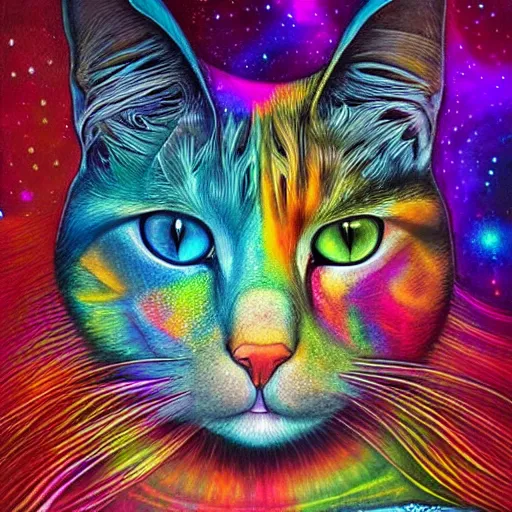 Image similar to a galaxy colored psychedelic chakra awakening kundalini ethereal portrait of a cat with her eyes closending to a higher plane of existence, eternal blessing, multiverse, by android jones, by ben ridgeway, visionary art, by artgerm, featured on artstation, cgsociety, by greg rutkowski