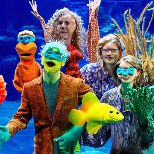 Image similar to a cast of aquatic puppets based on real fish and aiming to bring awareness to ocean pollution, in the style of muppets, in an aquarium, lighting from spongebob the musical on broadway, real, photograph, cinematic