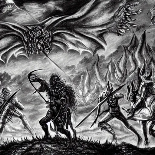 Image similar to A very detailed sketch of a wounded warrior with a sword fighting a plethora of monsters and demons, black and white, sun eclipse, focus on the sky, Kentaro Miura style, high-detailed