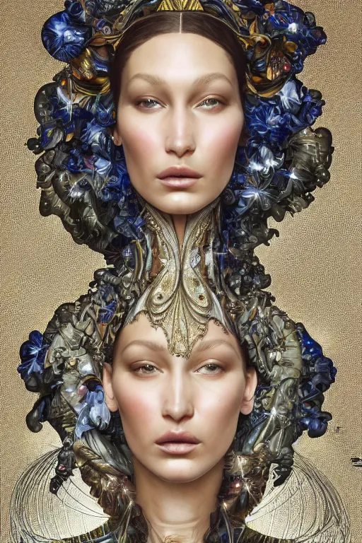 Image similar to a highly detailed painting of a beautiful alien goddess bella hadid in iris van herpen dress schiaparelli in diamonds in style of alphonse mucha art nuvo trending on artstation