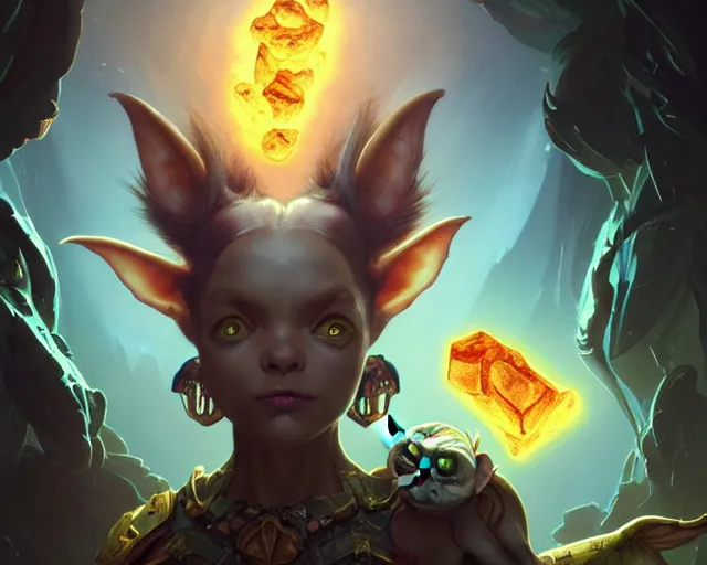 Prompt: a 4 k cinematic screenshot still portrait of a gremlin in a dark liminal space room surrounded by amber, deep focus, d & d, fantasy, intricate, elegant, highly detailed, digital painting, art station, concept art, matte, sharp focus, illustration, dark fantasy style art, hearthstone, art by artgerm and greg rutkowski and alphonse mucha