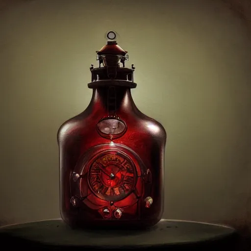 Prompt: a painting of a steampunk dark red brown potion bottle in a dark dusty vintage science lab, by h. r. giger, hyperrealistic fantasy art, concept matte, ethereal, dreamy, digital art, trending on artstation, volumetric cinematic lighting