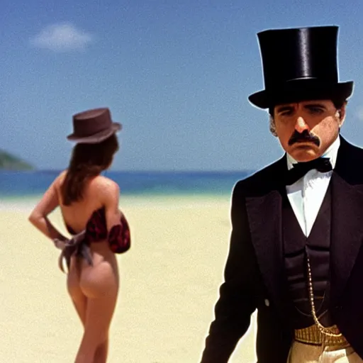 Prompt: the godfather wears a top hat. 5 0 mm, cinematic, technicolor. sea and beach and a woman in the background