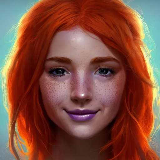 Image similar to close up portrait of a beautiful smiling girl with orange hair and freckles, happy intricate, elegant. highly detailed, digital painting, artstation, concept art, smooth, sharp, focus, illustration. background is purple, art by artgerm and Ross Tran