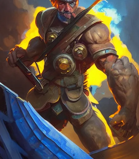 Image similar to ready to fight soldier with blue and yellow flag, fire background, fire burst, muscular masculine figure, dungeons and dragons portrait, highly detailed, digital painting, artstation, concept art, sharp focus, matte, illustration, art by artgerm and greg rutkowski and alphonse mucha