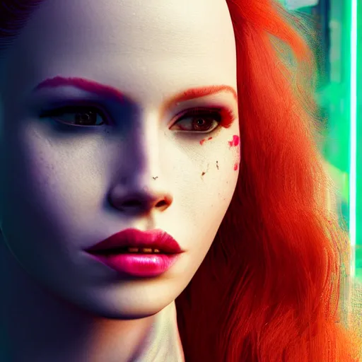 Image similar to madelaine petsch portrait, cyberpunk 2 0 7 7, cyberpunk judy alvarez, photorealistic, ultra detailed, neon, octane, bokeh, cinematic lighting, cyber, cyberpunk city, studio quality, feature, scars, cyberface, 8 k