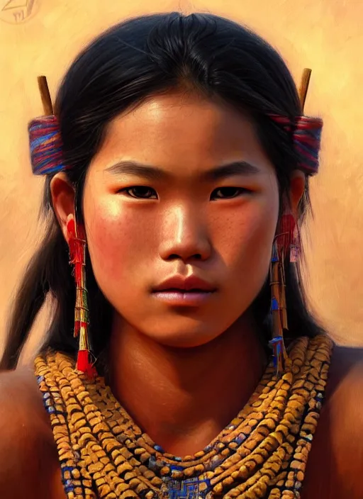 Image similar to portrait of a beautiful teen tai lue ethnic north thailand, closeup portrait, historical, ethnic group, traditional costume, elegant, loin cloth, highly detailed, oil painting, artstation, concept art, matte, sharp focus, illustration, hearthstone, art by earl norem