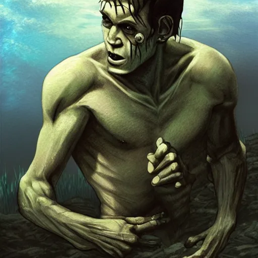 Image similar to handsome frankenstein in the lake, soft shading, fantasy illustration, gentle monster, beautiful monster