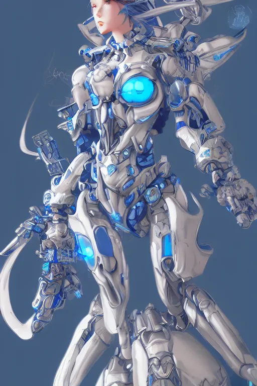 Image similar to beautiful and gorgeous female azure mech warrior by Masamune Shirow, manga, single face, trending on artstation, WLOP, detailed, intricate, elegant, sfw version