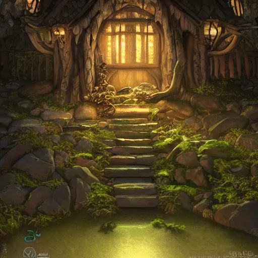 Image similar to Shrek's Ogre House, cinematic lighting, intricate, elegant, highly detailed, digital painting, artstation, smooth, sharp focus, illustration, art