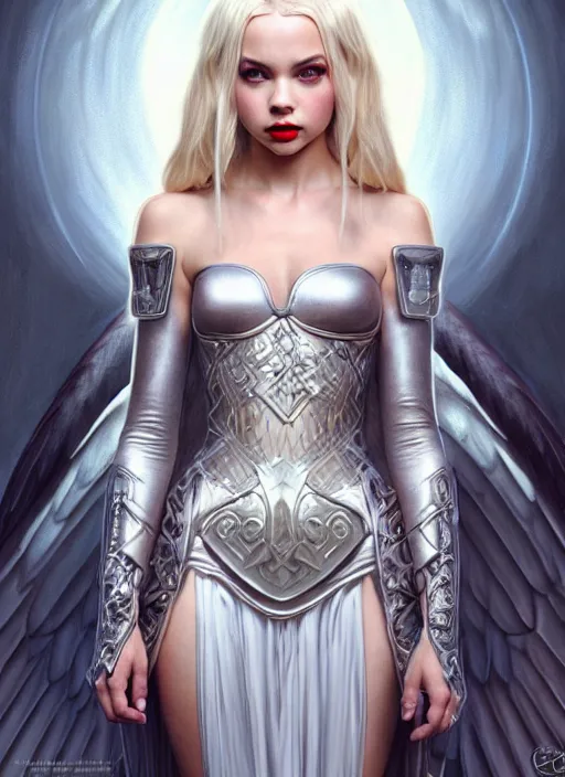 Image similar to ultra realistic illustration, a stunningly beautiful angel knight gothic girl played by jordyn jones and dove cameron and margot robbie and taylor swift and megan fox, intricate, elegant, highly detailed, digital painting, artstation, concept art, smooth, sharp focus, illustration, art by artgerm and greg rutkowski and alphonse mucha