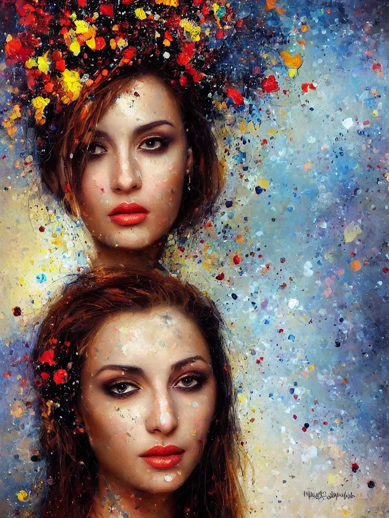 Prompt: “gorgeous elegant splatterpunk portrait of a stunning Armenian woman by Mark Arian, oil on canvas, masterpiece, realism, piercing gaze, autumn bokeh”