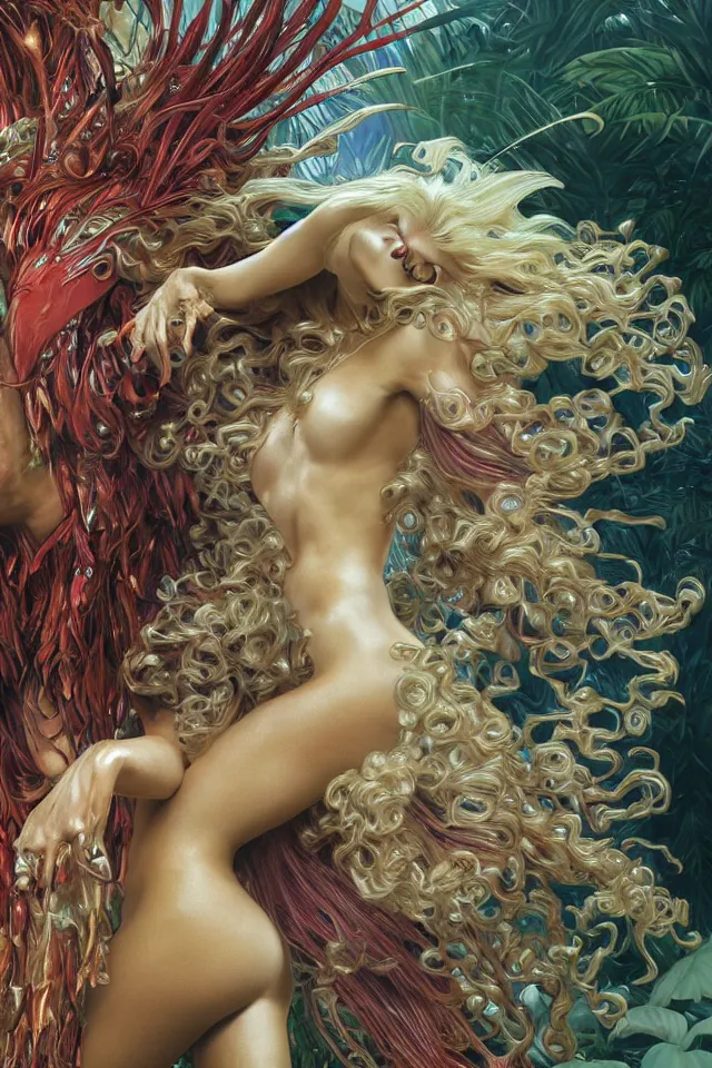 Image similar to an extreme close - up of a chrome cyborg nymph with long fluffy golden blonde curly hair running with a giant flamingo, tropical flower plants, pigmented smoke, by hajime soryama, boris vallejo, artgerm, greg rutkowski, alphonse mucha