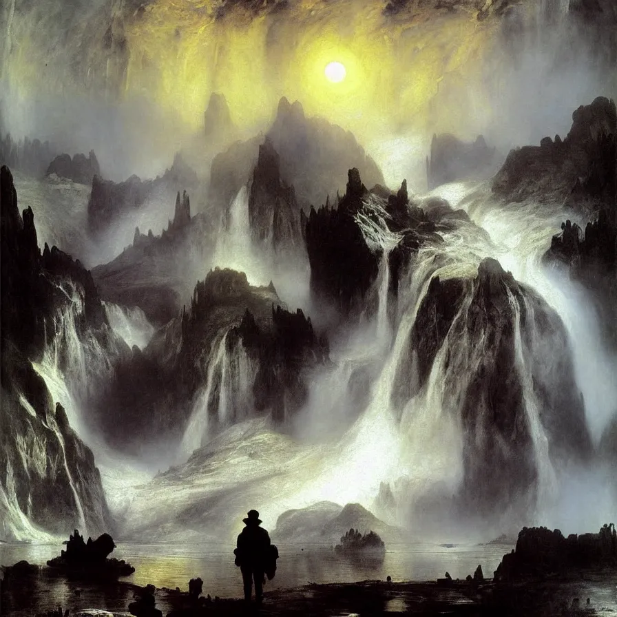 Prompt: artwork about being the last human on earth, painted by thomas moran and albert bierstadt. monochrome color scheme.