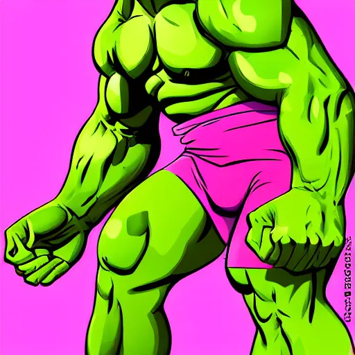 Prompt: hulk in cute pink pants, detailed illustration