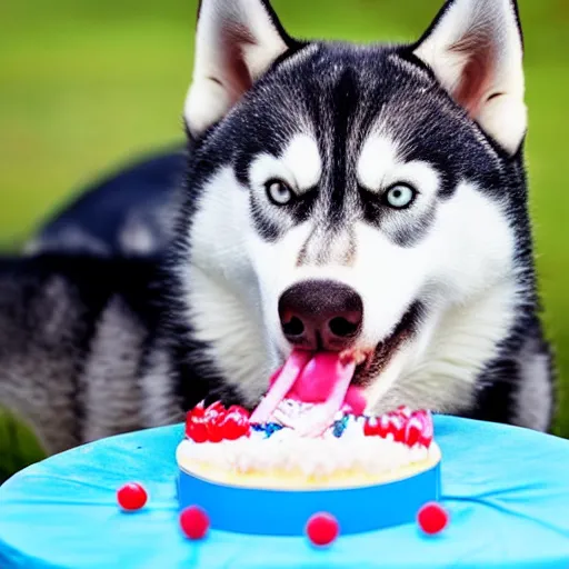 Image similar to a high - quality photo of a husky eating a birthday cake