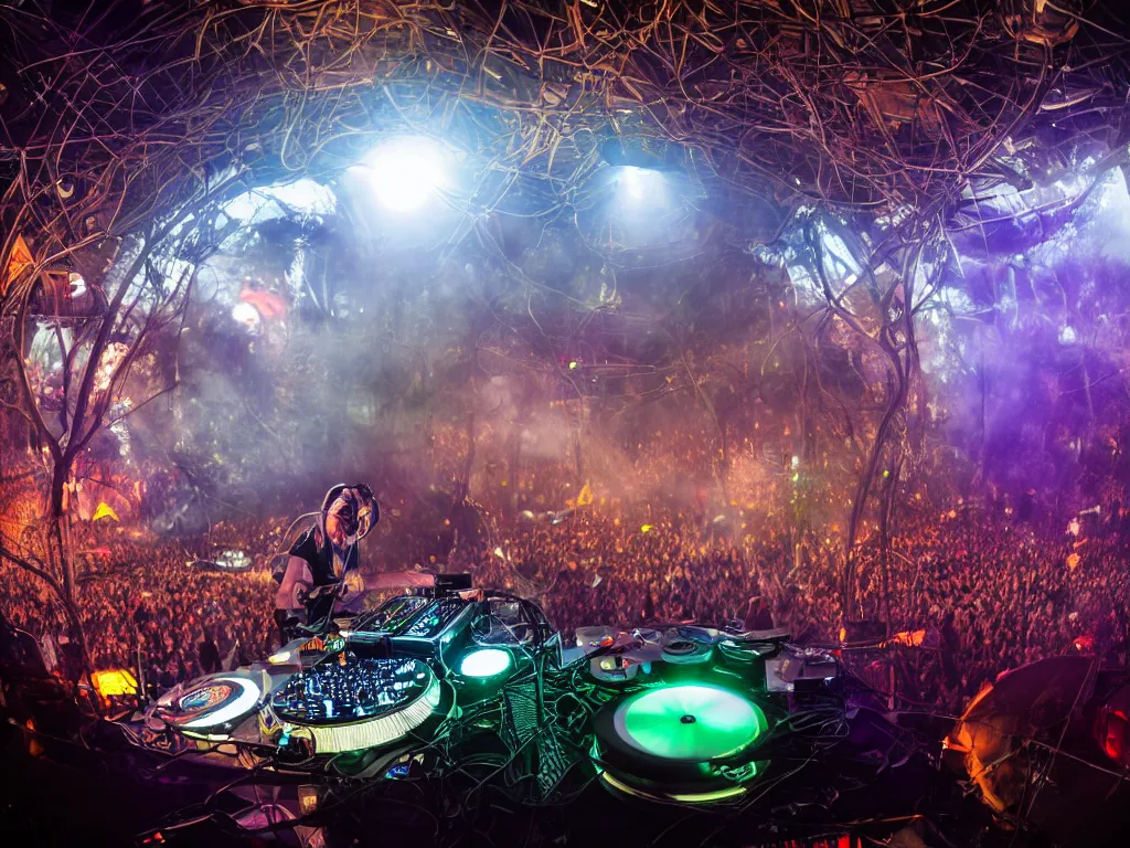 Image similar to a cyborg dj is playing a vast array of highly evolved musical technology on a stage surrounded by an incredible and complex circular robotic structure playing highly evolved music overlooking a crowd at a forest festival lit by fire