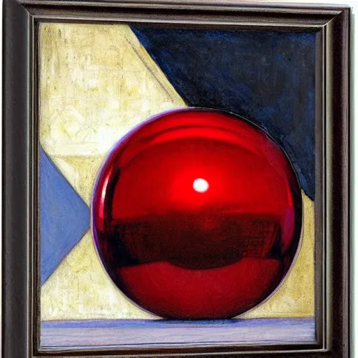 Prompt: chrome spheres on a red cube by john william waterhouse