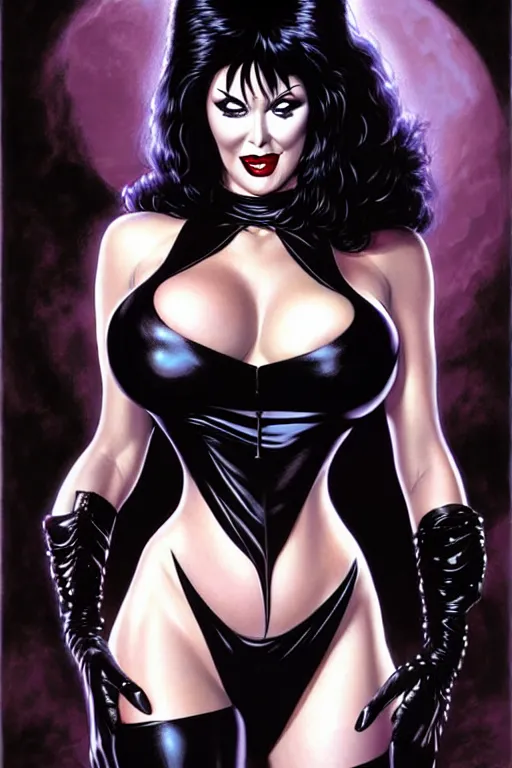 Image similar to a ( beautiful masterpiece highly detailed ) full body portrait illustration of intimate alluring elvira! mistress of the dark by ralph horsely and artgerm and joe jusko, raven black, pearlescent white
