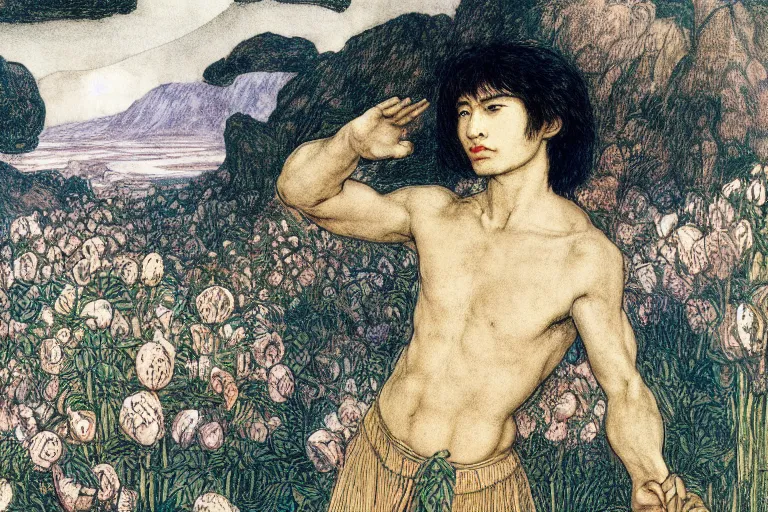 Image similar to a half - dragon warrior, standing in a volcano landscape, natural lighting, a small circle of flowers around him, very detailed, 8 k, by dante gabriel rossetti, artgerm