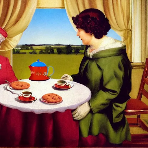 Prompt: the queen of england having tea and bisquits by Raphael, Hopper, and Rene Magritte. detailed, romantic, enchanting, trending on artstation.