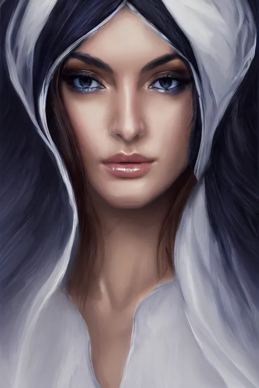 Image similar to Ameera al-Taweel, blue eyes, long wavy black hair, fierce look, white veil, closeup, focus face, elegant, highly detailed, centered, digital painting, artstation, concept art, art by artgerm