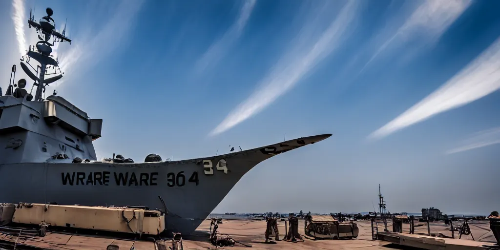 Image similar to warplane stand still on war ship, a dog cartoon symbol on its tail, sun on the background, high quality, award winning photography, photo professional, photography, 2 4 mm lens, f 2. 0, high quality, sharpen, detailed, 8 k, hd, uhd, color grading