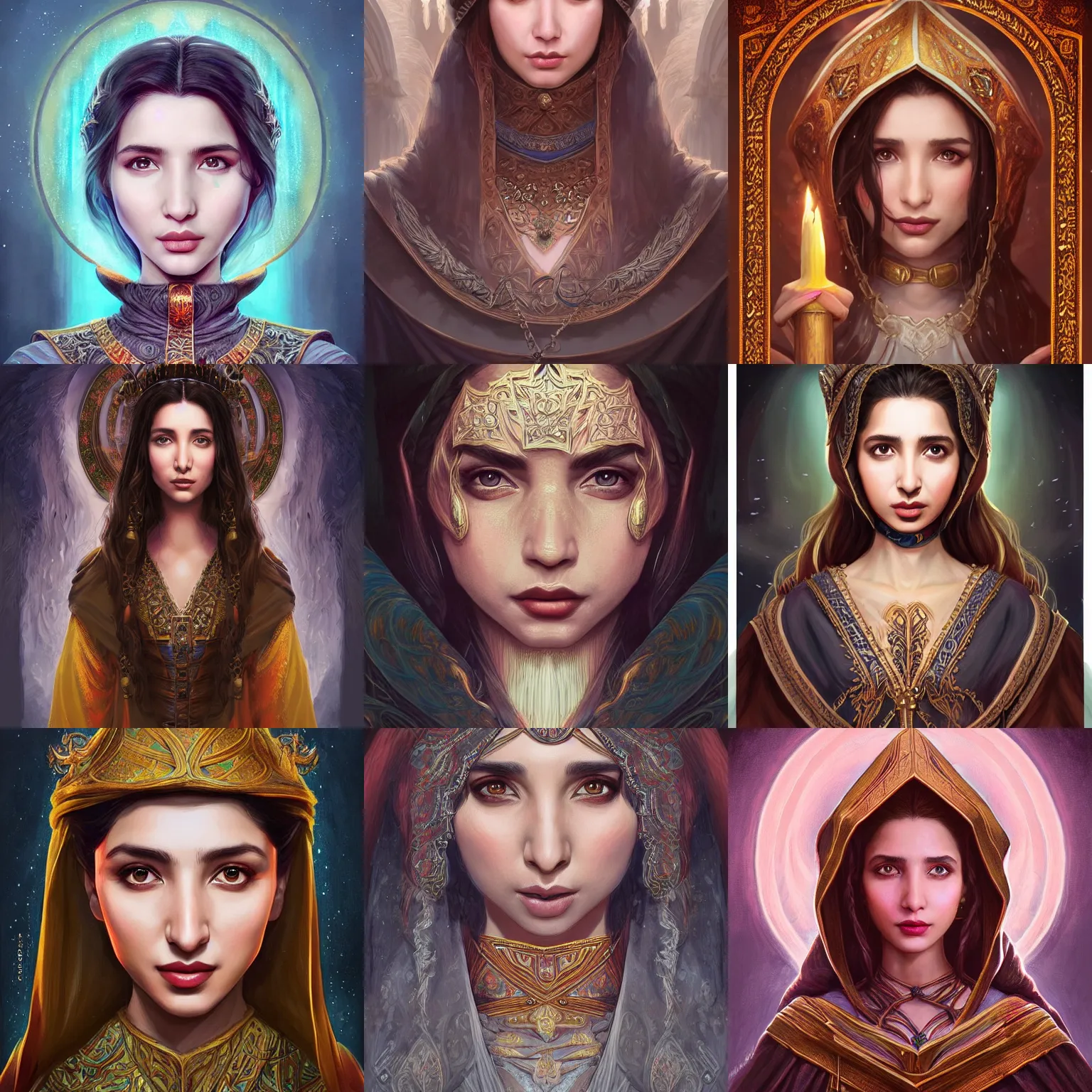 Image similar to head-on symmetrical centered painted portrait, Mahira Khan as a D&D wizard, medieval robes, fantasy, intricate, elegant, highly detailed, digital painting, smooth, sharp focus, illustration, artstation, in the style of Artgerm and Anna Podedworna and Alex Ross