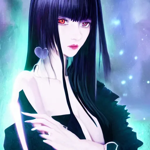 Image similar to 1 7 - year - old goth girl, black hair, long bob cut, long bangs, gothic coat, dark hallways, soft lighting, glowing keypads, secret society, roman pillars, strong lighting, strong shadows, vivid hues, ultra - realistic, sharp details, subsurface scattering, intricate details, hd anime, 2 0 1 9 anime