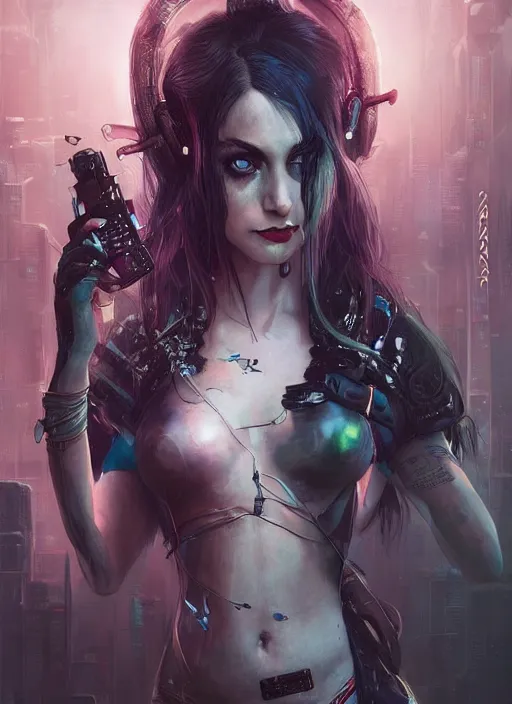 Image similar to a beautiful illustration of cyberpunk elven harley quinn, black hair, intricate, sharp focus, illustration, highly detailed, digital painting, concept art, matte, art by wlop and artgerm and greg rutkowski and alphonse mucha, masterpiece