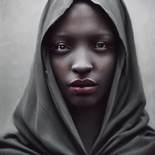 Image similar to a portrait of a young black woman wearing a long dark cloak, hood and shadows covering face, anatomically correct, beautiful perfect face, enigmatic, oil painting, matte painting, black background, Volumetric dynamic lighting, Highly Detailed, Cinematic Lighting, Unreal Engine, 8k, HD, by Beksinski