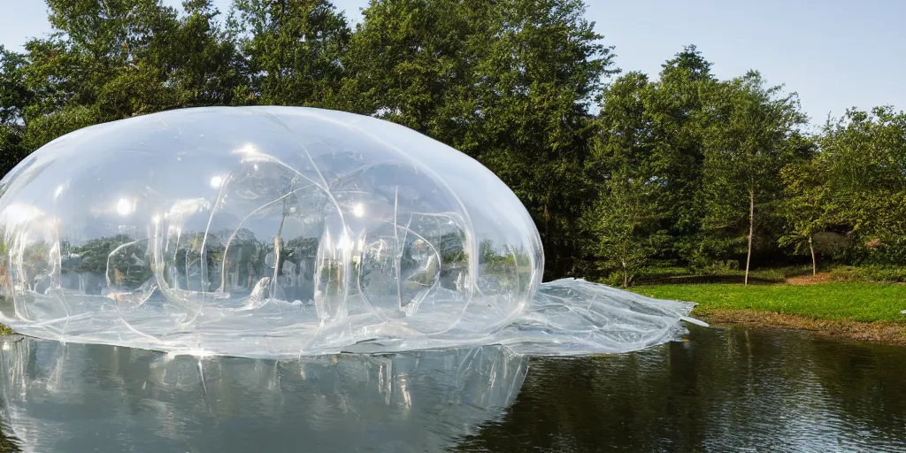 Image similar to an inflatable house made of clear plastic sheeting. The house is made of 8 inflated bubbles. The inflated house sits in a lake on the edge of a forest. ultra wide shot, coronarender, 8k, photorealistic