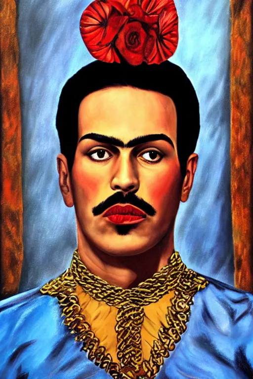 Prompt: Freddy mercury in Frida Kahlo painting style