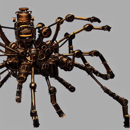 Image similar to 2d game art side view of mechanical steampunk spider, full body view, looking at the side, game character design, articulated joints, detailed, blank background, 8k, octane render, unreal engine