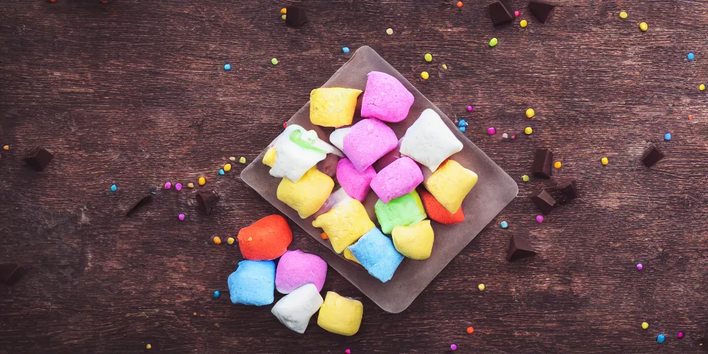 Prompt: photograph of a marshmallow treats with sprinkles and on a dark wooden chopping board, pastel colours, hessian cloth, styled food photography, photorealistic, 4 k, coffee, chocolate, hdr, 8 k