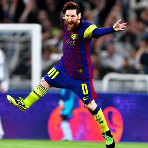 Image similar to Lionel Messi doing the Fortnite default dance after a goal