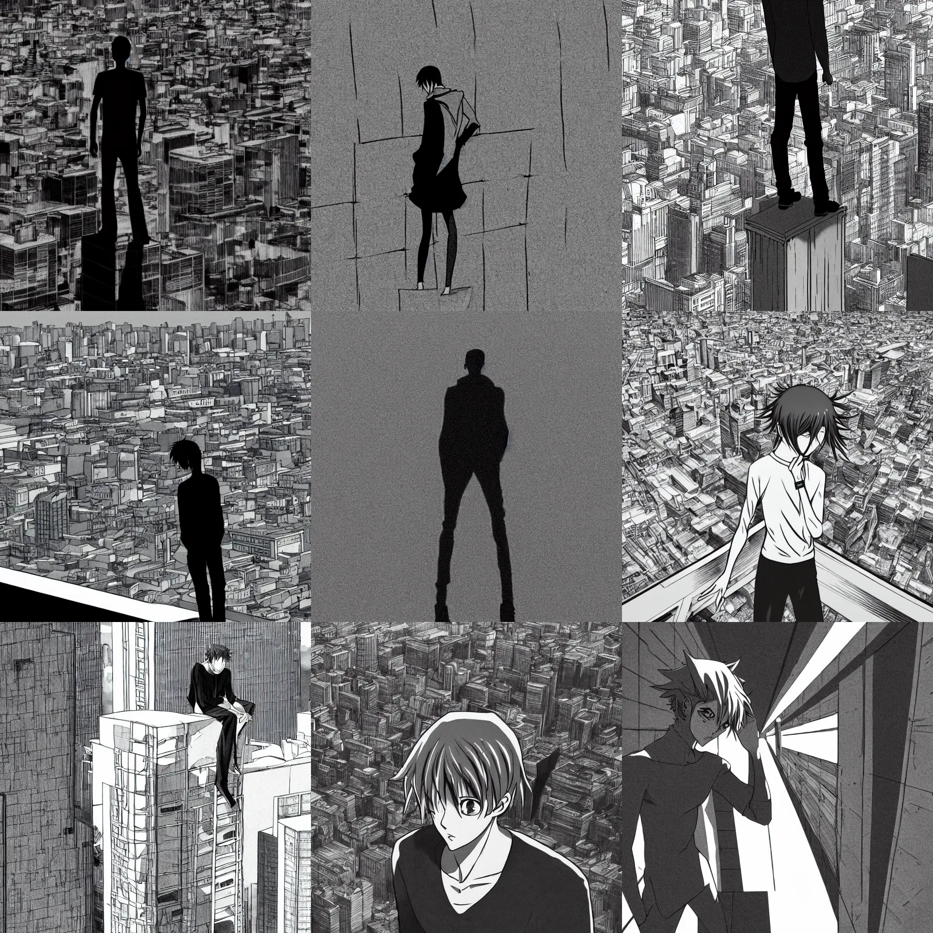Prompt: close up to a skinny, gaunt, sad man standing at the edge of a very high building, looking at the city, crying, manga Style, anime style, hard shadows