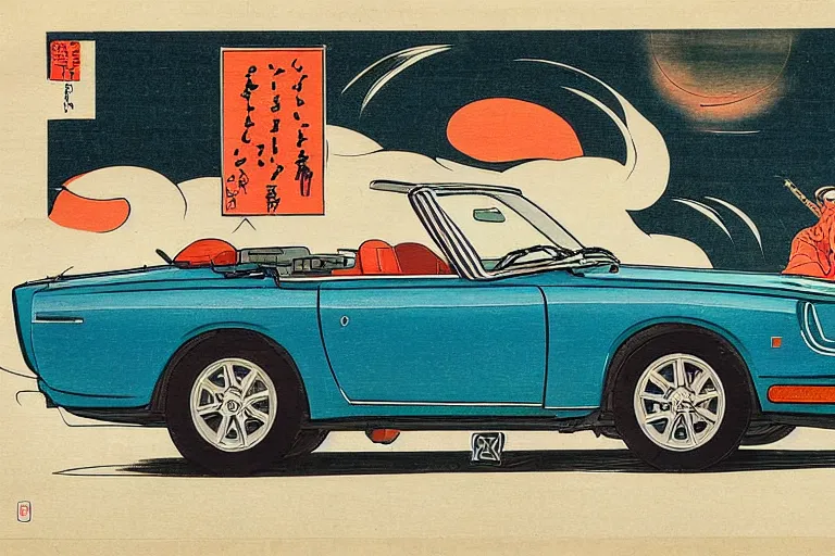 Image similar to ukiyo - e painting of a 1 9 6 9 datsun fairlady roadster