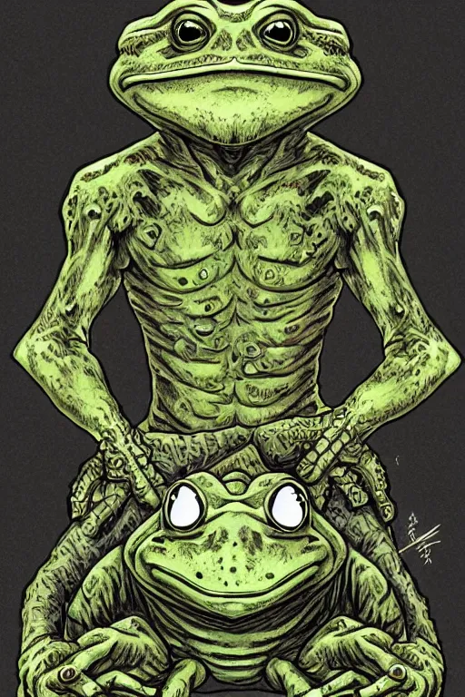 Image similar to humanoid toad warrior, frog themed, bog, symmetrical, highly detailed, digital art, sharp focus, trending on art station, kentaro miura manga art style