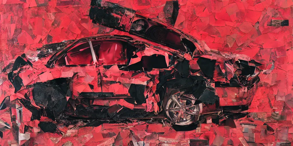 Image similar to rendered in blender car crash test, red and black, collage paper and tape, acrylic on canvas, hyperrealism mixed with expressionism, high resolution, cinematic, unreal 6, breathtaking detailed, by blake neubert