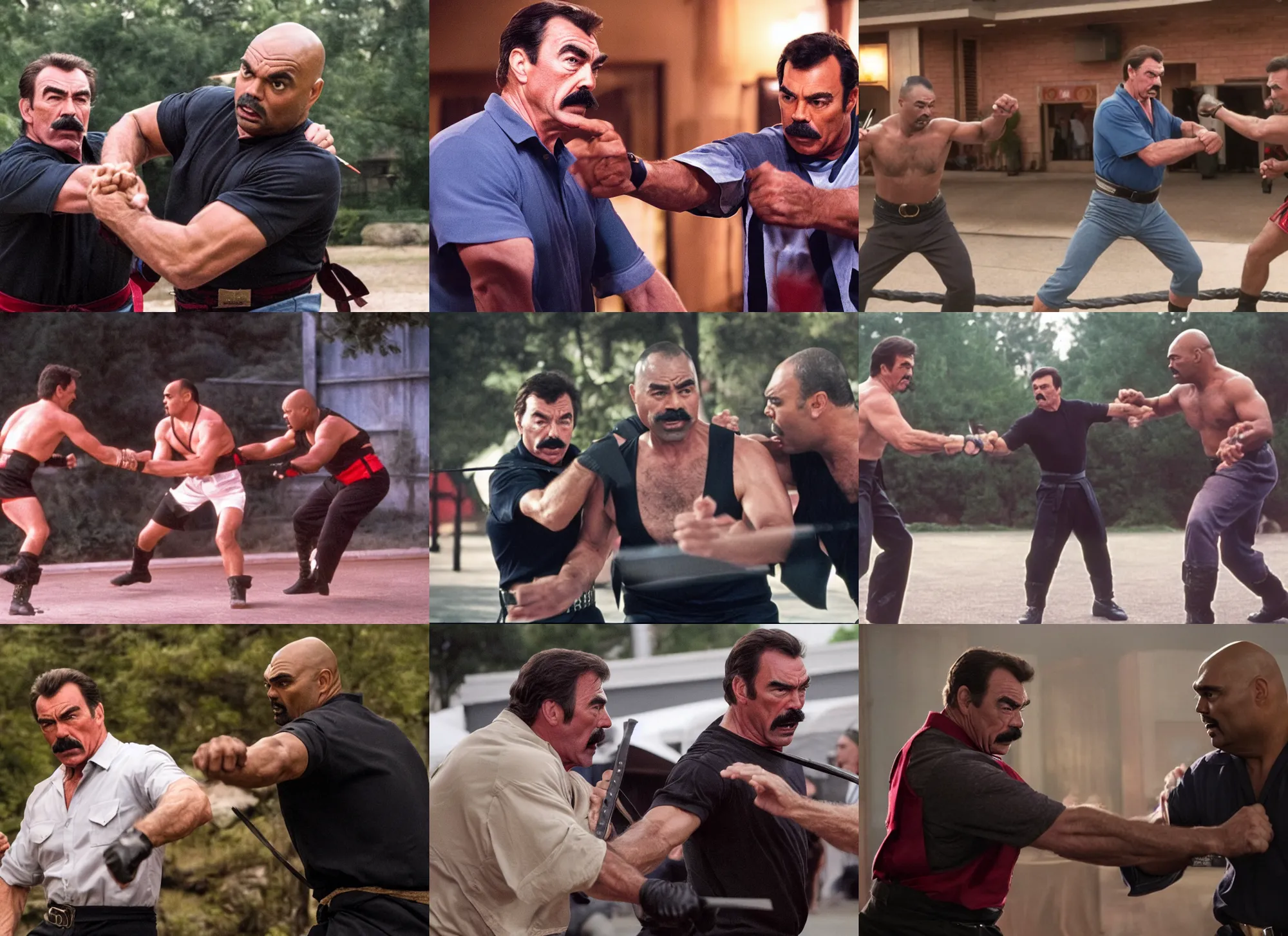 Image similar to film still of Tom Selleck and Charles Barkley fighting Ninjas in the new Bloodsport movie, 8k