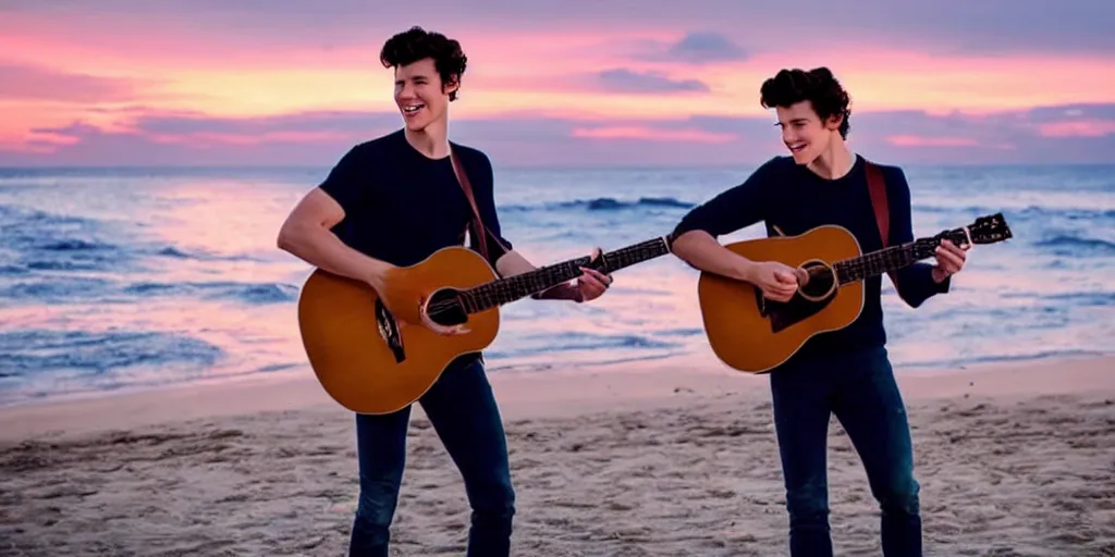 Image similar to Shawn Mendes en la playa tocando la guitarra at sunset